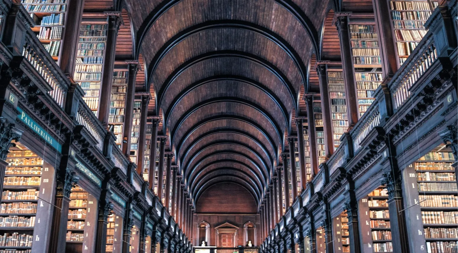 The Long Room of Trinity College Library, Dublin — the 65-metre barrel-vaulted hall of the Old Library