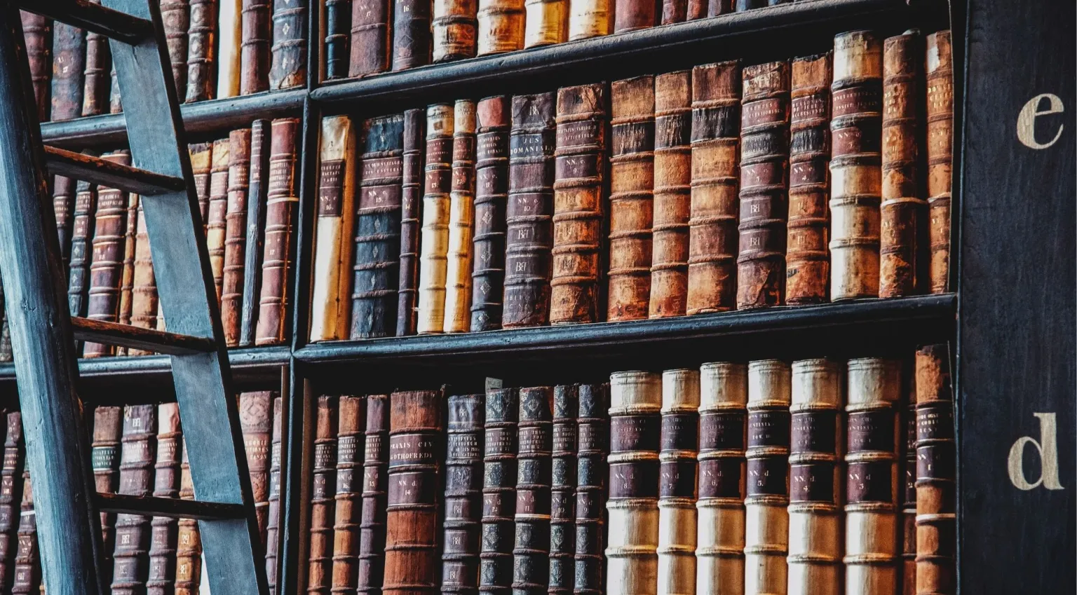 Close-up of centuries-old leather-bound books stacked on Long Room shelves, with a wooden ladder